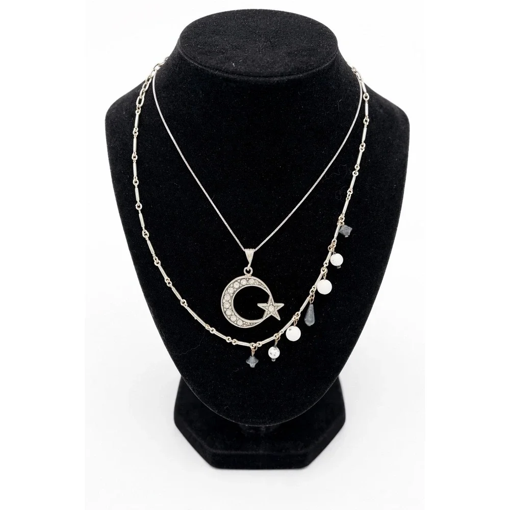925 Sterling Silver Moon Star CZ Pendant Necklace + Layered Charm Chain Set